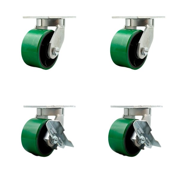 Service Caster 6'' Heavy Duty Green Poly on Cast Iron Wheel Swivel Caster Set with 2 Brakes, 4PK CRAN-SCC-KP92S630-PUR-GB-2-SLB-2 - main